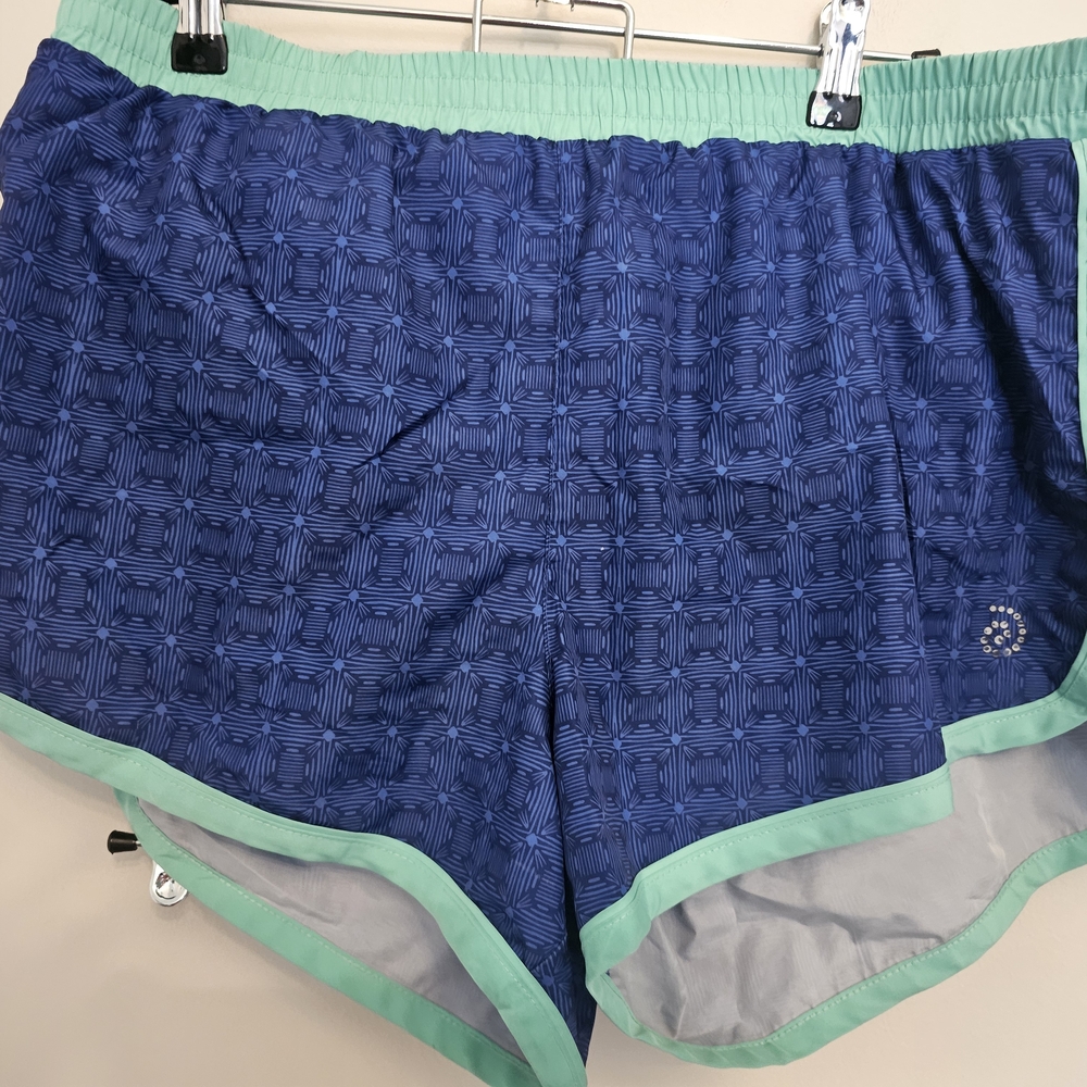 Be Inspired Women's Blue Patterned Athletic Running Shorts with Green Trim Sz XL